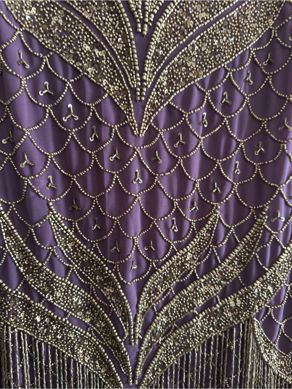 Unique Vintage Plum Dress with Gold Beading & fringe - XL - Picture 2 of 4